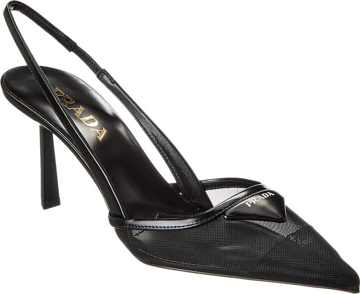Prada Logo Mesh & Leather Pointy-Toe Slingback Pump