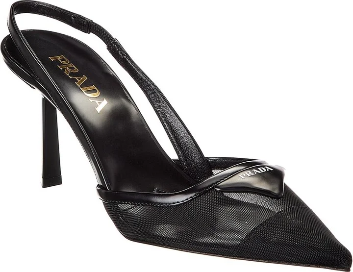 Prada Logo Mesh & Leather Pointy-Toe Slingback Pump