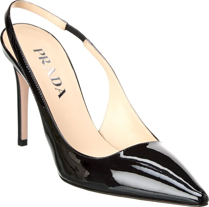 Prada Logo Patent Pointy-Toe Slingback Pump