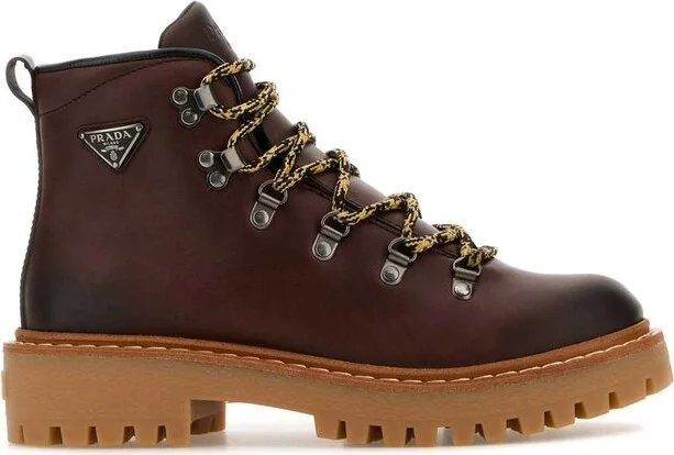 Prada Logo Plaque Lace-Up Ankle Boots