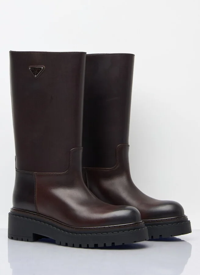 Prada Logo Plaque Leather Boots - Woman Boots Brown Eu - 36 - Image 3