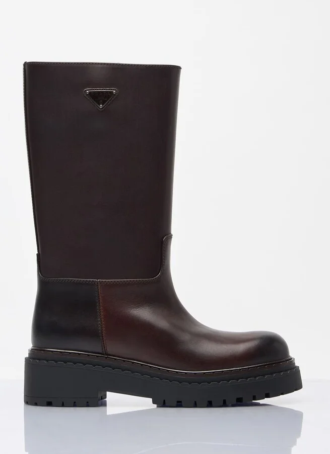 Prada Logo Plaque Leather Boots - Woman Boots Brown Eu - 36