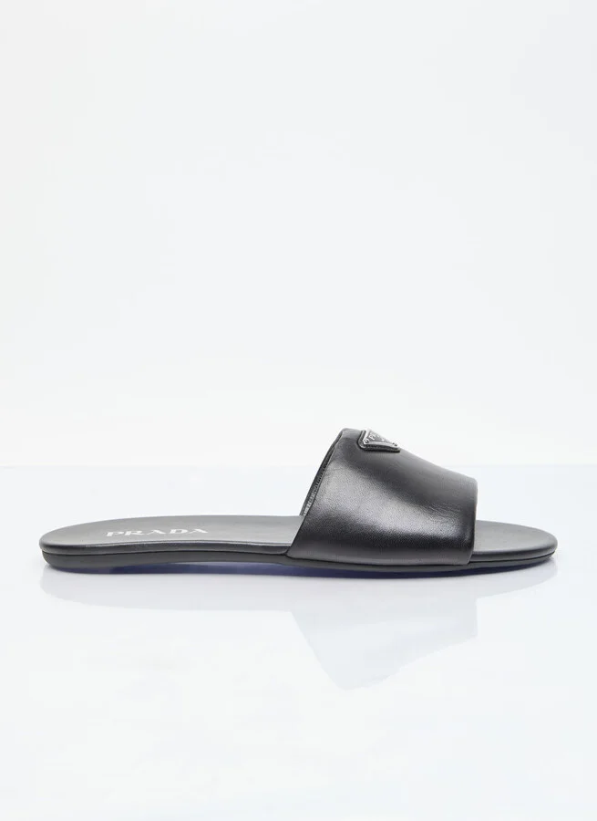 Prada Logo Plaque Leather Slides - Woman Slides Black Eu - 38