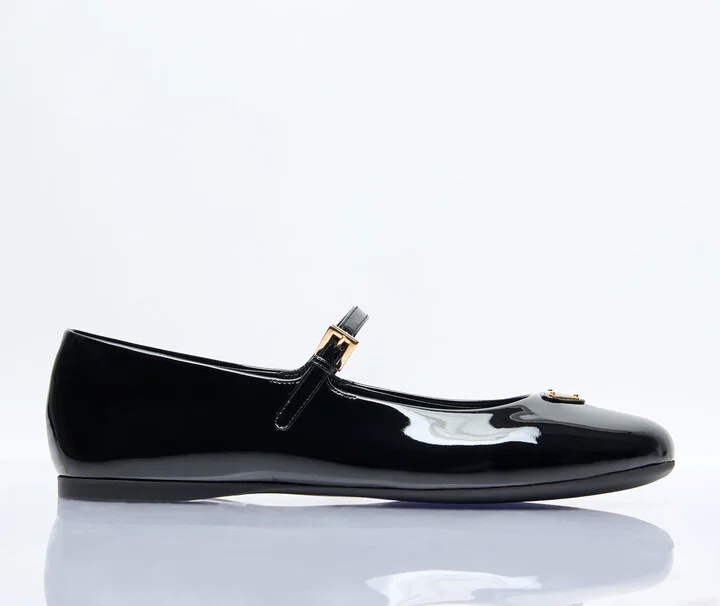 Prada Logo Plaque Patent Ballerina Flats - Woman Flats Black Eu - 39