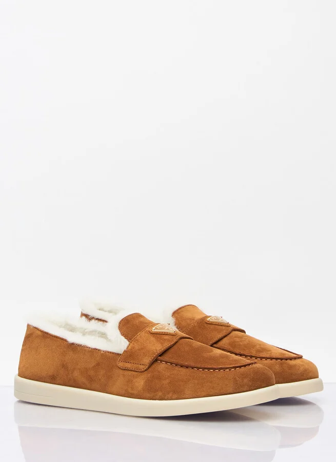 Prada Suede And Shearling Loafers - Woman Loafers Brown Eu - 40 - Image 3