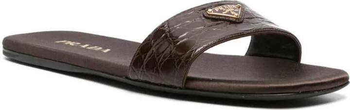 Prada Triangle-Logo Embossed-Crocodile Slides - Image 2