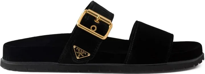Prada Triangle-Logo Velvet Slides