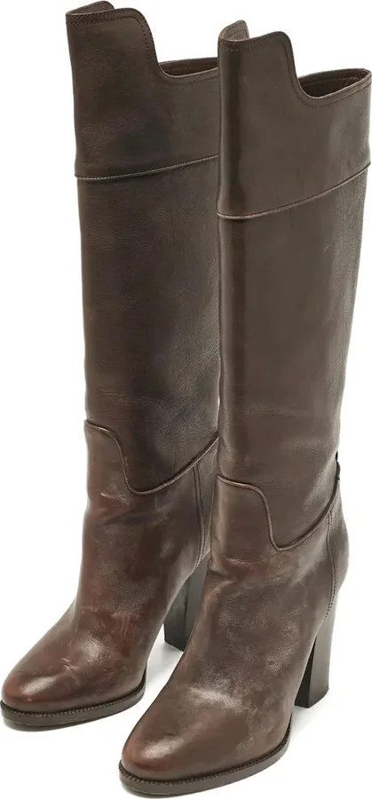 Pre-Owned 100mm Leather Block Heel Knee-High Boots - Image 2