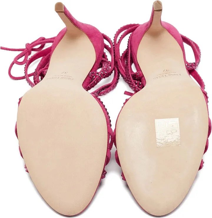Pre-Owned 105mm Crystal Embellishment Suede Sandals - Image 4