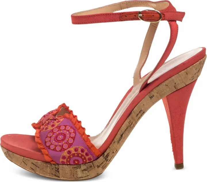 Pre-Owned 110mm Embroidered Cork-Sole Sandals