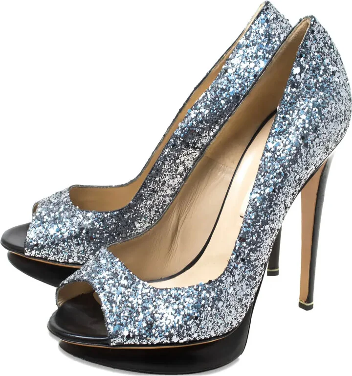 Pre-Owned 130mm Glittered Peep-Toe Pumps - Image 2