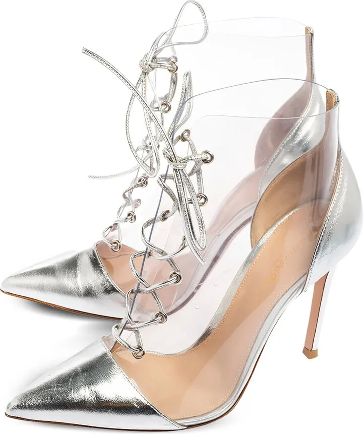 Pre-Owned 95mm Transparent Lace-Up Stiletto Ankle Boots - Image 2
