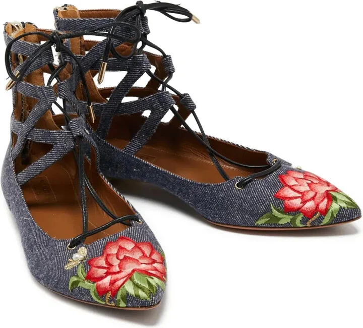 Pre-Owned Embroidered Denim Flat Pumps - Image 2