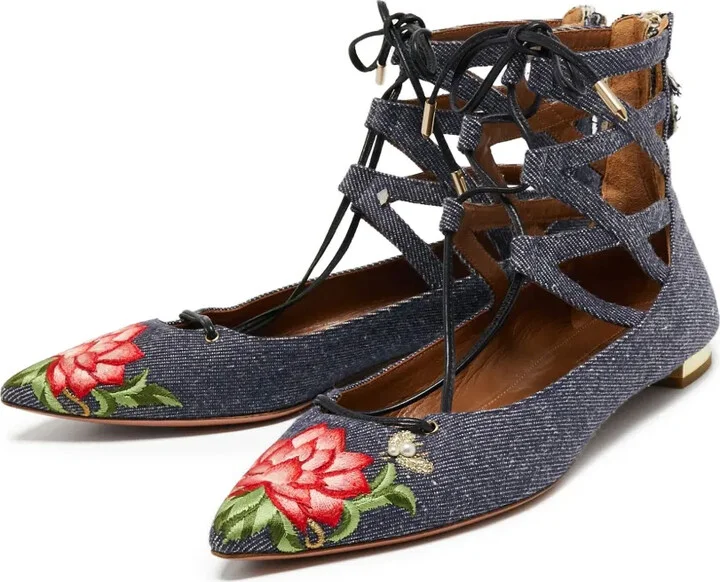 Pre-Owned Embroidered Denim Flat Pumps - Image 3