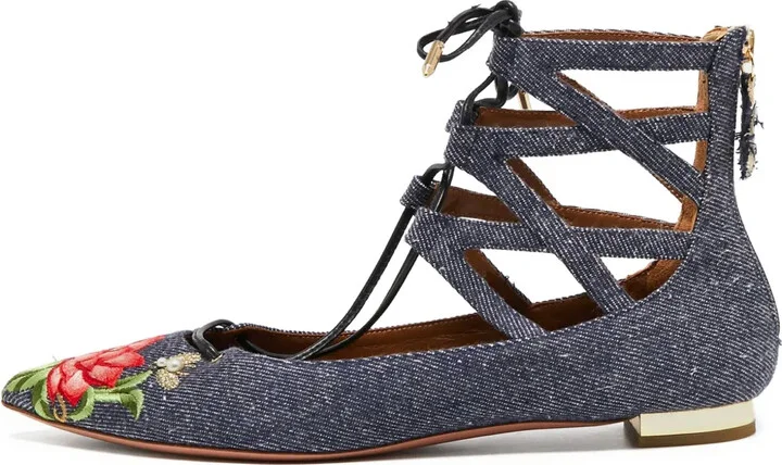 Pre-Owned Embroidered Denim Flat Pumps