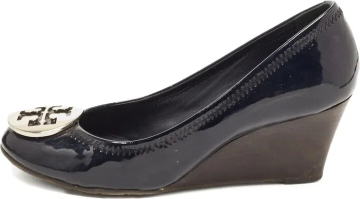 Pre-owned leather wedge pumps
