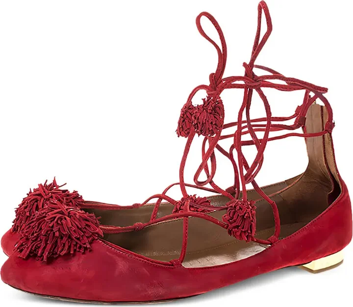 pre-owned Sunshine pompom ankle-tie ballet flats - Image 3