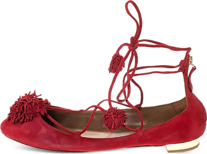 pre-owned Sunshine pompom ankle-tie ballet flats
