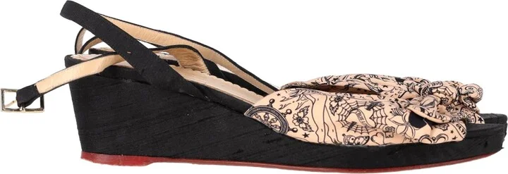 Printed Bow Wedge Sandals in Peach Satin