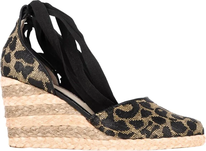 Printed Espadrille Wedge Pumps in Brown Polyester
