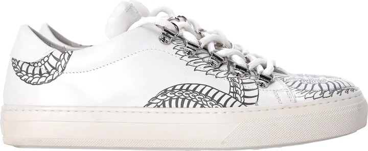 Printed Low Top Sneakers in White Leather