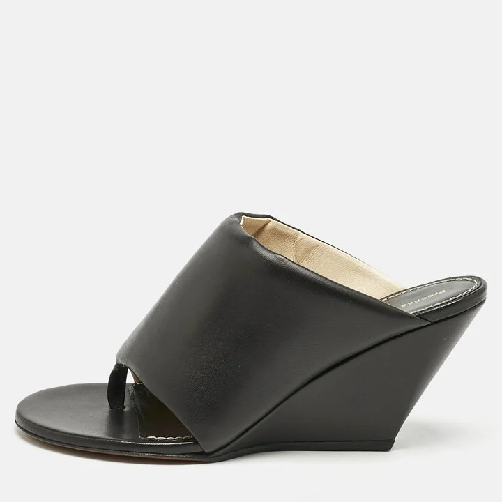 Proenza Schouler Black Leather Slant Wedge Tong Sandals Size 38.5