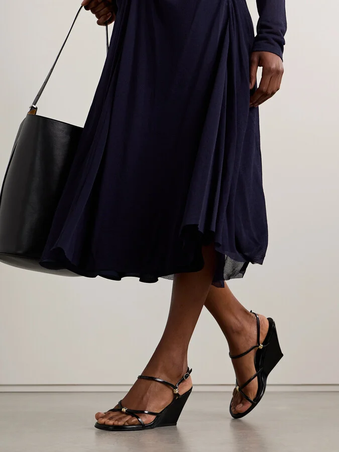 Proenza Schouler - Coil Embellished Crinkled Glossed-leather Wedge Sandals - Black - Image 2
