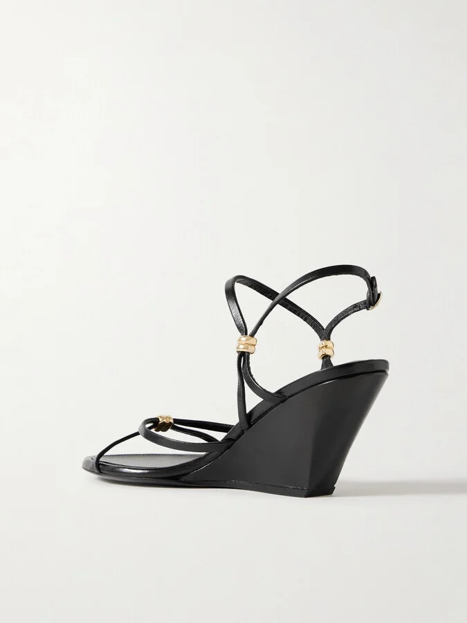 Proenza Schouler - Coil Embellished Crinkled Glossed-leather Wedge Sandals - Black - Image 3