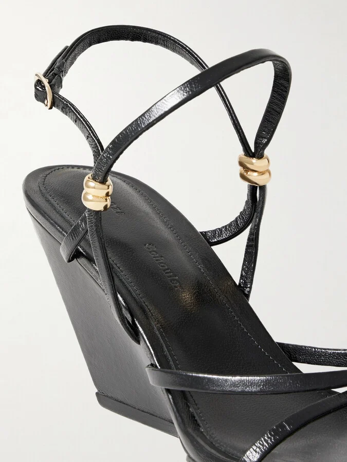 Proenza Schouler - Coil Embellished Crinkled Glossed-leather Wedge Sandals - Black - Image 4