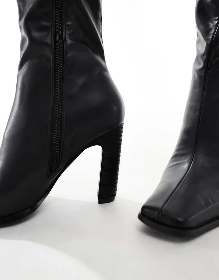 Public Desire Acquilla heeled knee boots with square toe in black PU - Image 3
