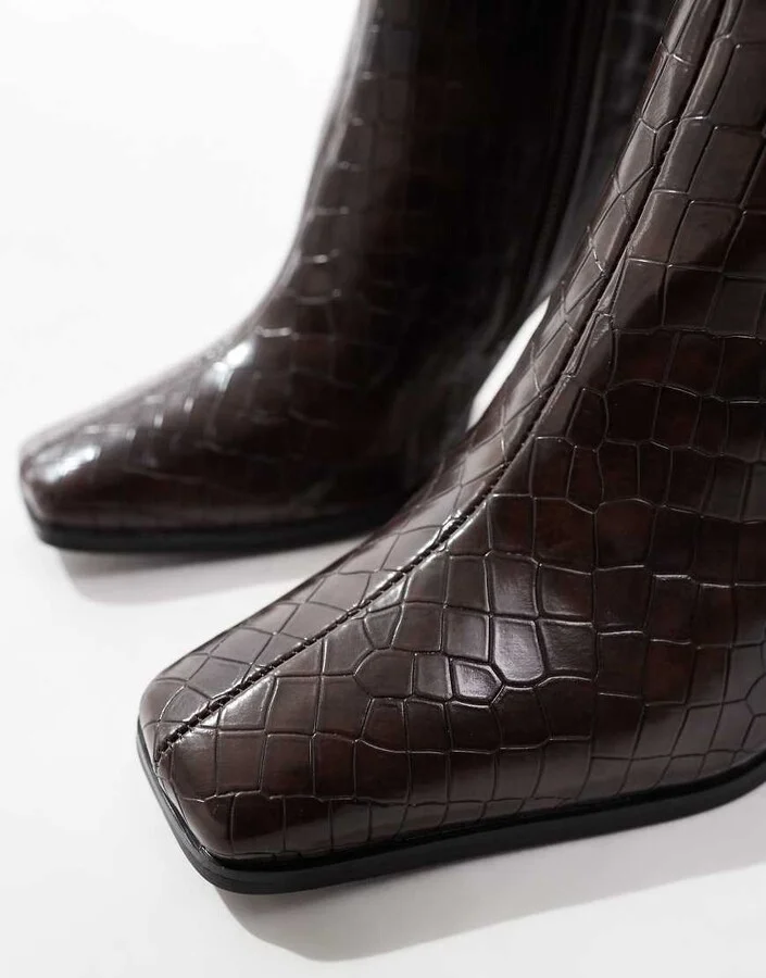Public Desire Acquilla heeled knee boots with square toe in brown croc - Image 2