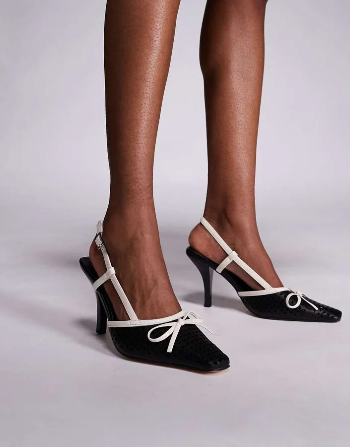Public Desire Alchemy laser cute slingback heels with bow in cream and black