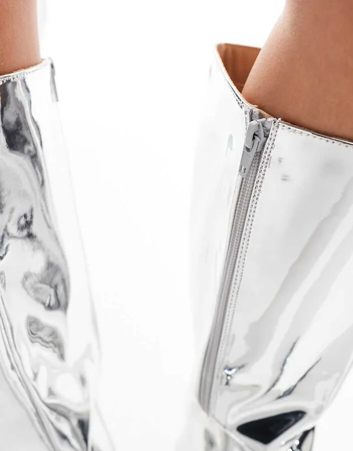 Public Desire Amped kitten heel straight leg pointed knee boots in silver mirror - Image 3