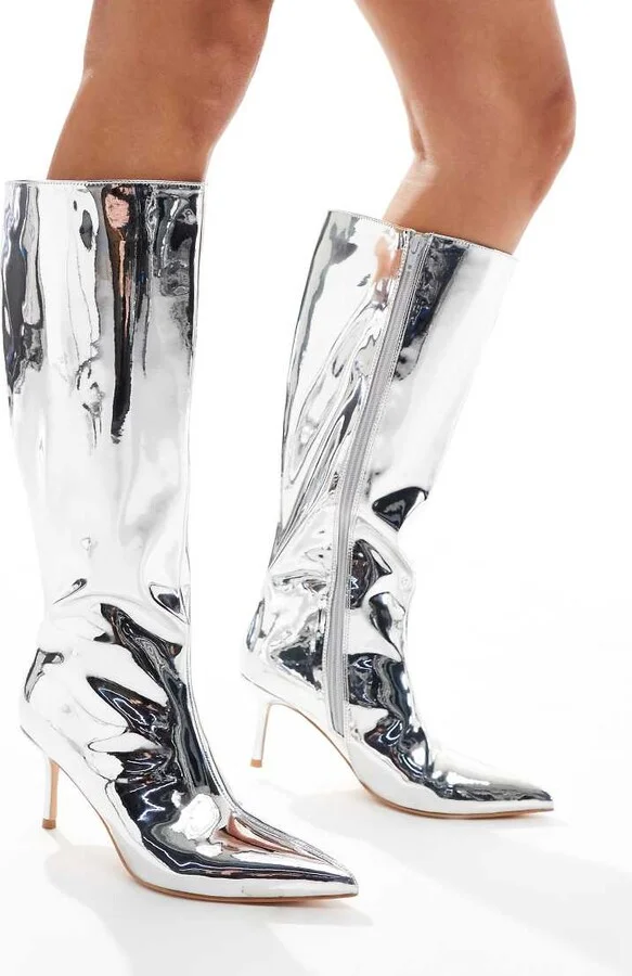Public Desire Amped kitten heel straight leg pointed knee boots in silver mirror
