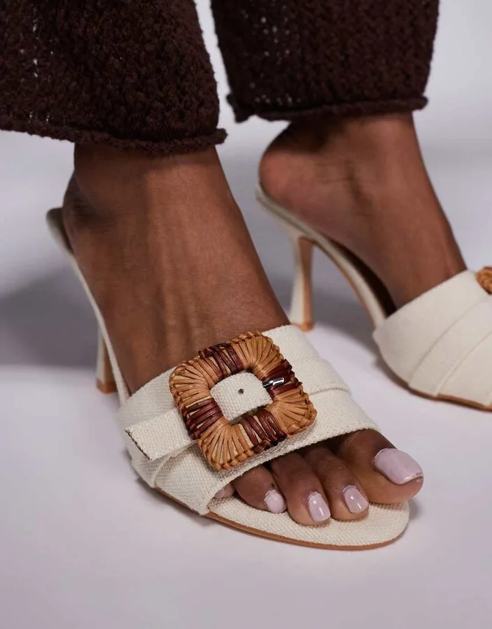 Public Desire Andria mid heel mule sandals with buckle in cream - Image 3