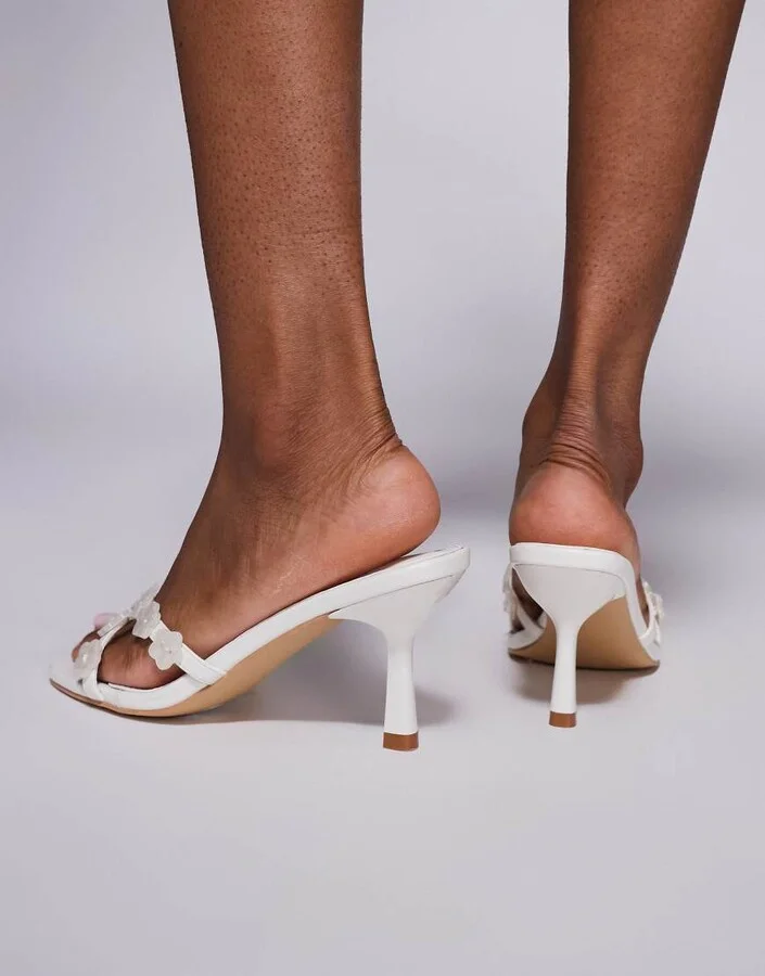 Public Desire Arrys slip on kitten heel mules with flowers in cream - Image 2