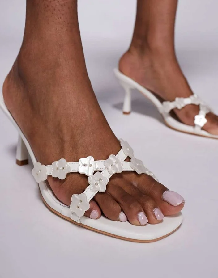 Public Desire Arrys slip on kitten heel mules with flowers in cream - Image 3