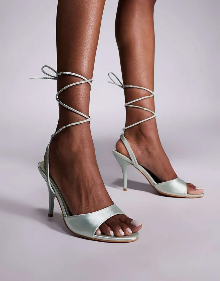 Public Desire Bea peep toe heeled sandals in with tie leg in sage satin
