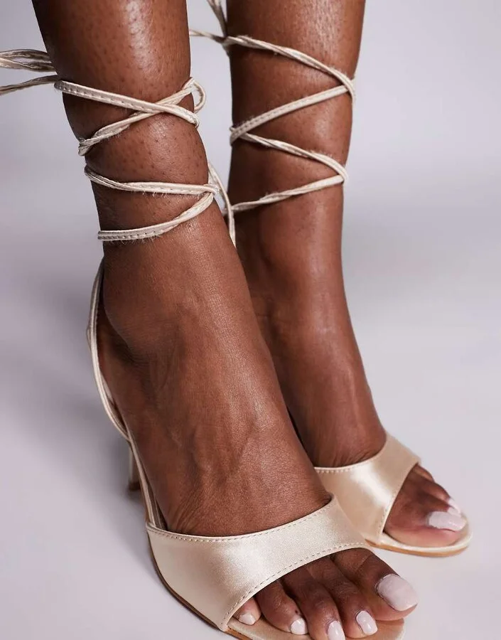 Public Desire Bea peep toe heeled sandals with tie legs in blush satin - Image 4