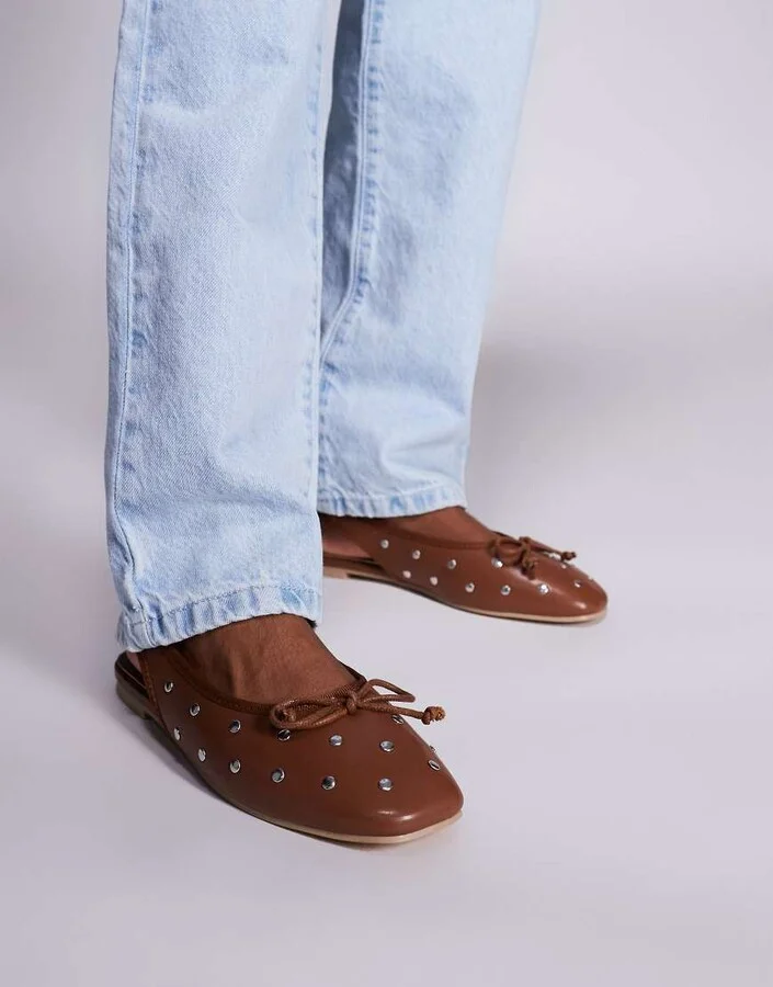 Public Desire Bia sling back ballet flats with flat studs in Brown - Image 3