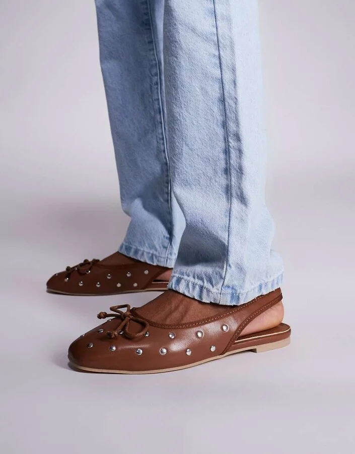 Public Desire Bia sling back ballet flats with flat studs in Brown