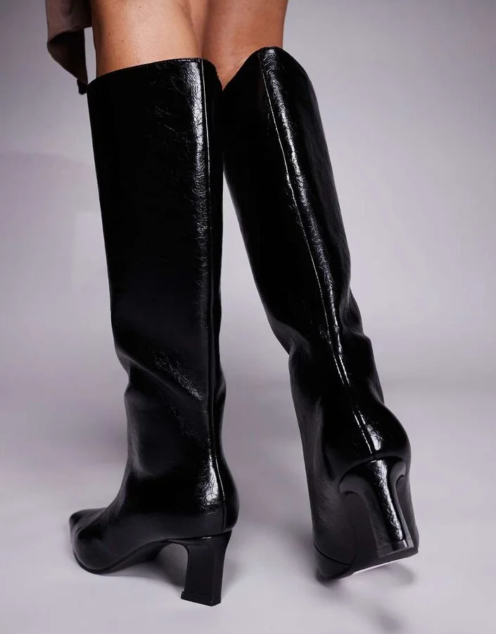 Public Desire Boomer heeled knee boots in black crinkle - Image 2