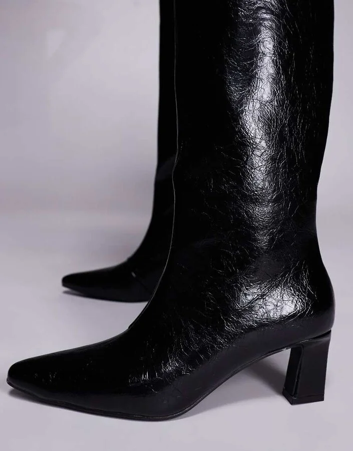 Public Desire Boomer heeled knee boots in black crinkle - Image 3