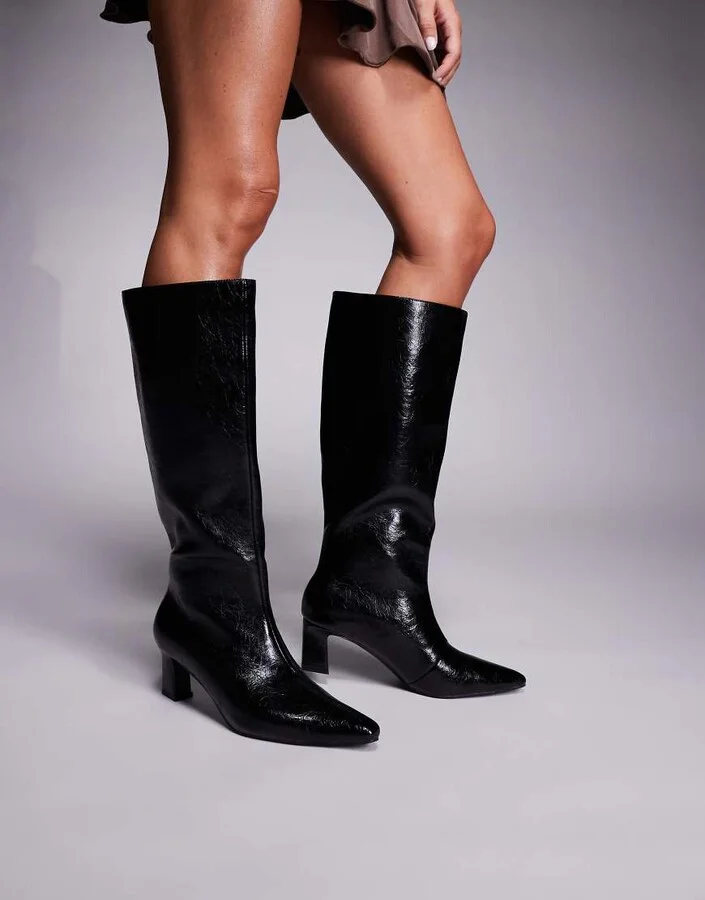 Public Desire Boomer heeled knee boots in black crinkle