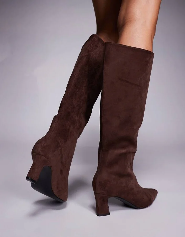 Public Desire Boomer heeled knee boots in brown faux suede - Image 2