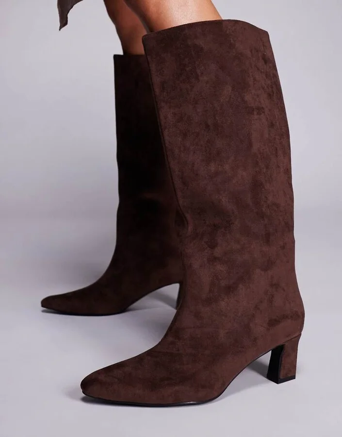 Public Desire Boomer heeled knee boots in brown faux suede - Image 3
