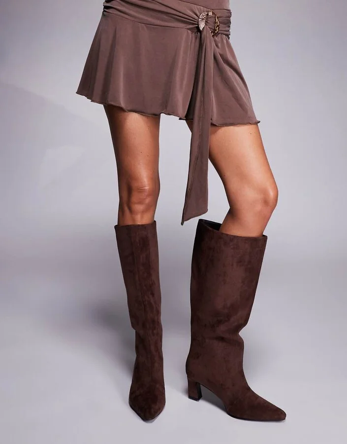 Public Desire Boomer heeled knee boots in brown faux suede - Image 4