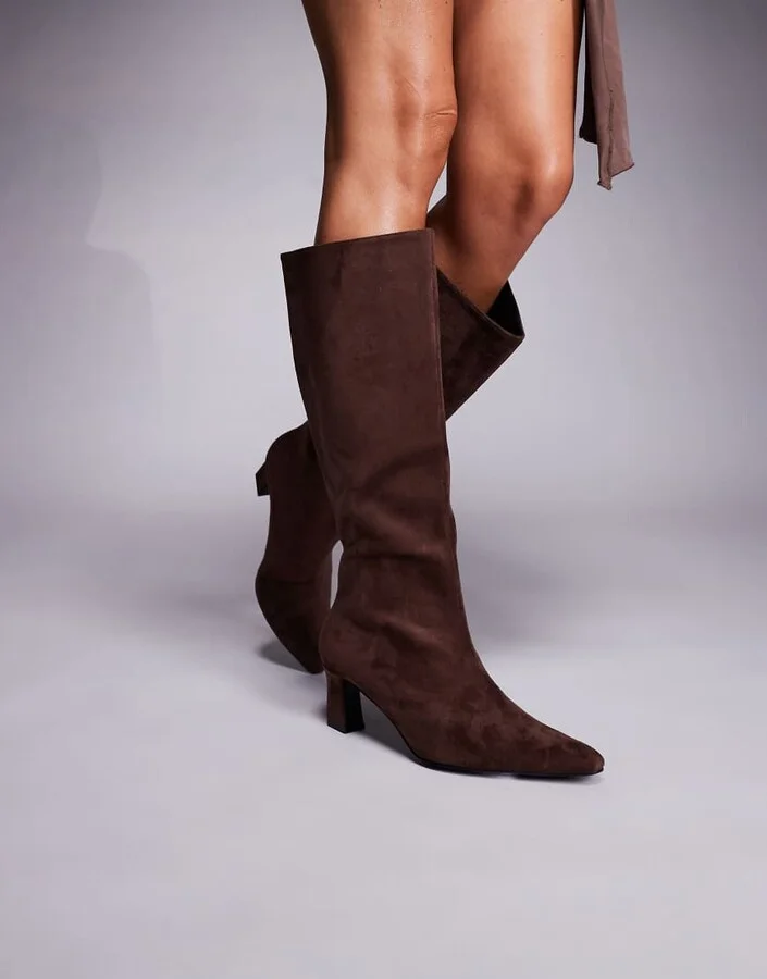 Public Desire Boomer heeled knee boots in brown faux suede
