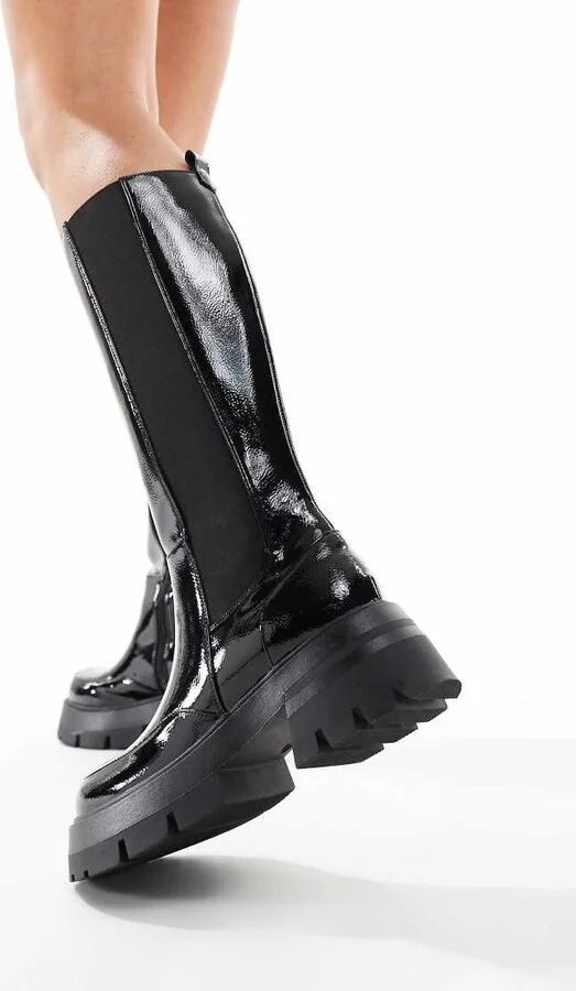 Public Desire Bryant pull on knee high boots in black crinkle patent - Image 3