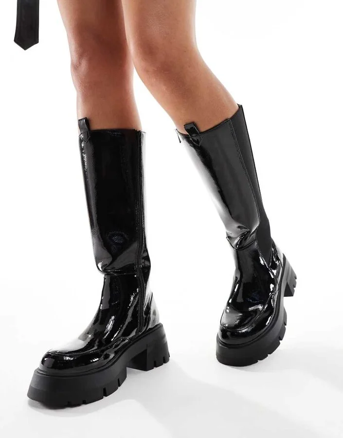 Public Desire Bryant pull on knee high boots in black crinkle patent - Image 4